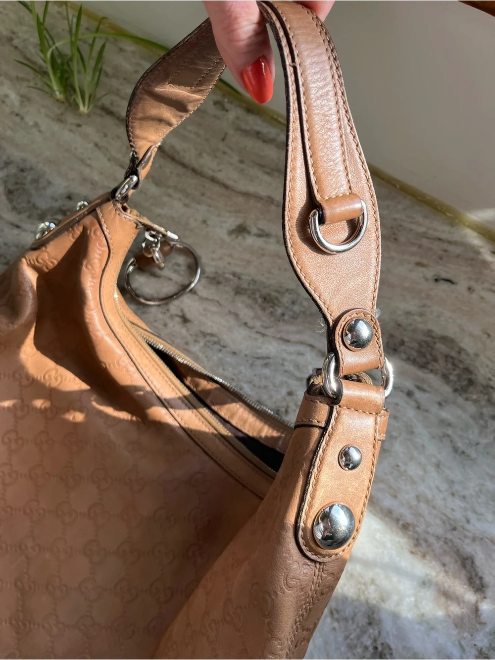Gucci Guccisima Tan Beige Embossed Leather One Strap Hobo Purse Silver Hardware